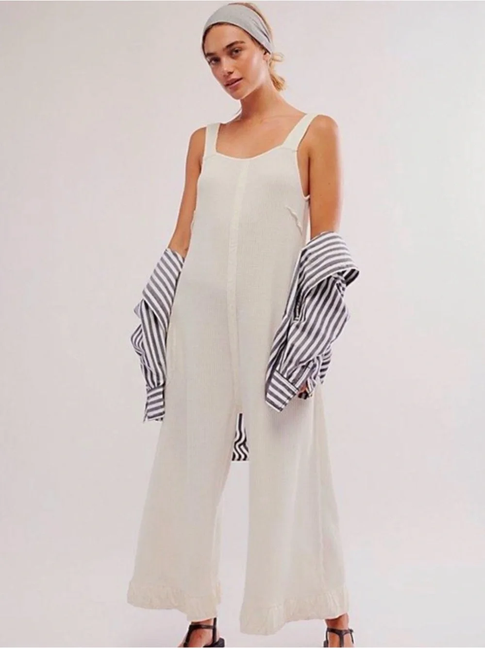 NWT Free People One Cream Callie Thermal Wide-Leg Sleeveless Jumpsuit Size XL